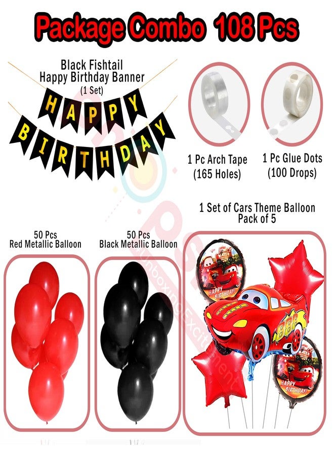 بروبسيكل مجموعة زينة عيد ميلاد للأولاد بتصميم سيارات السباق - (عبوة من 104) بالونات سوداء وحمراء، لافتة عيد ميلاد سعيد، بالونات فويل على شكل سيارات سباق، شريط قوس ونقاط لاصقة، خلفية ديكور لحفلة سباق - Image 2